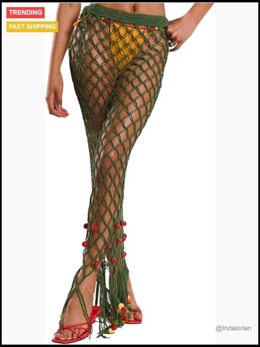 Hollow Out Sheer Crochet Maxi Skirt Fringe Beaded Beach Coverup
